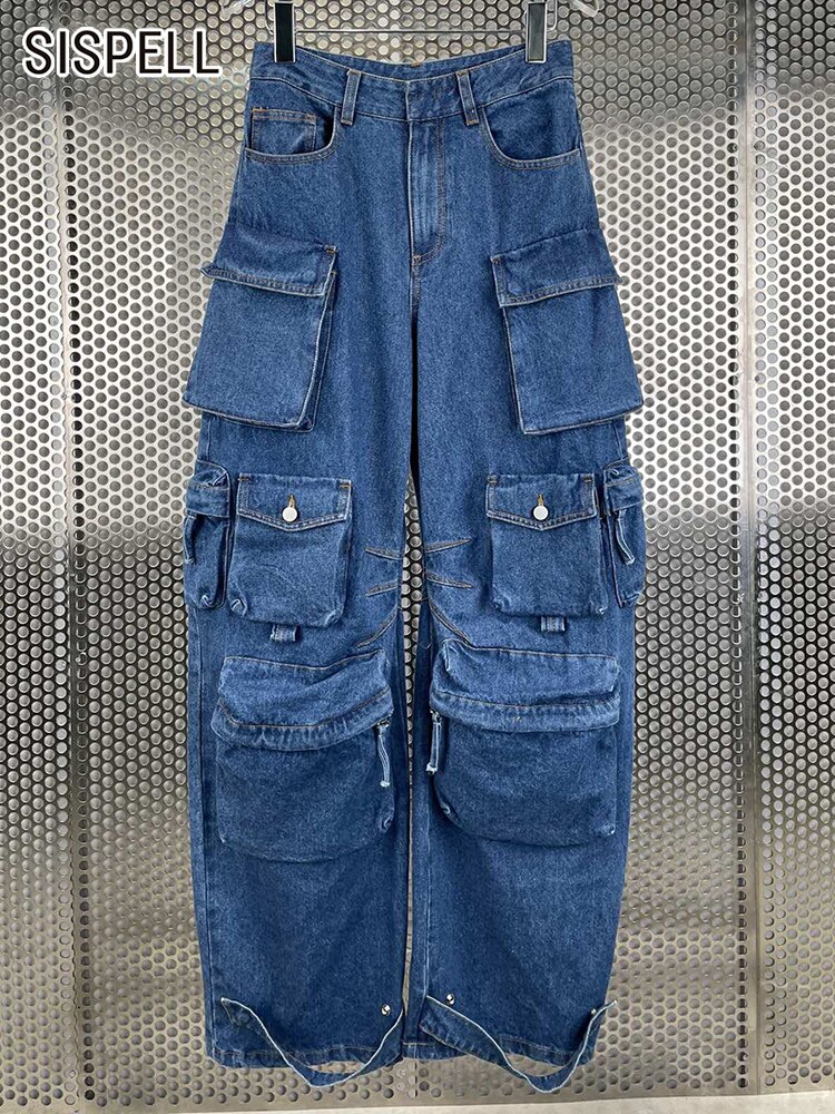 SISPELL Y2k Jeans For Women High Waist Patchwork Pocket Loose Streetwear Button Wide Leg Pants Female Fashion Clothi